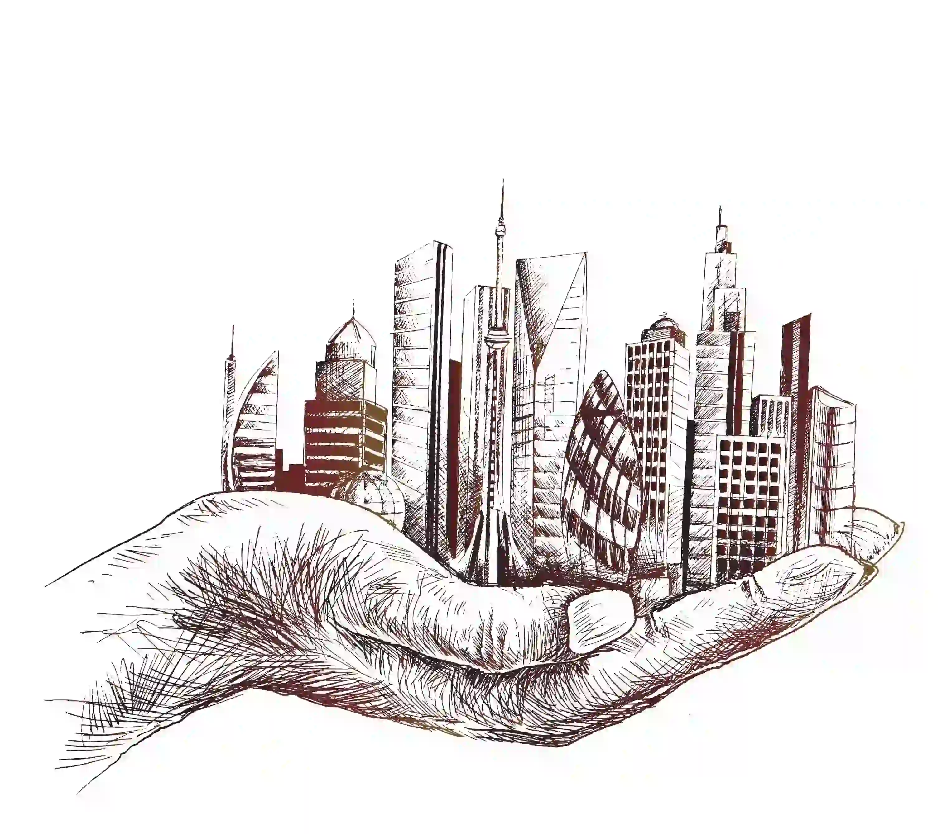 Illustration of a hand carrying high-rise buildings